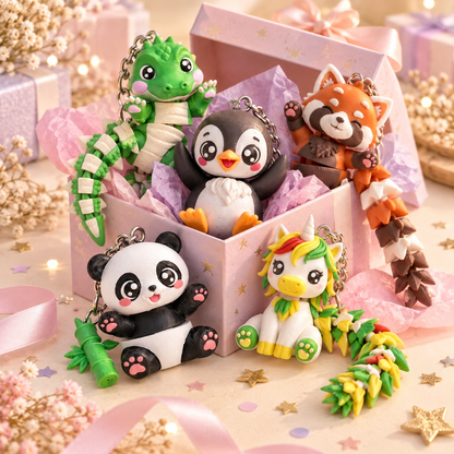 Box surprise ouverte avec porte-clés animaux articulés kawaii en impression 3D