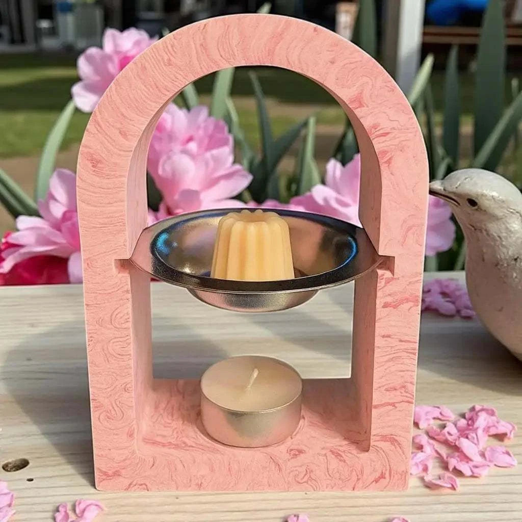 Brûleur à parfum arche en jesmonite rose pastel marbré pour fondants et huiles essentielles, ambiance romantique et relaxante