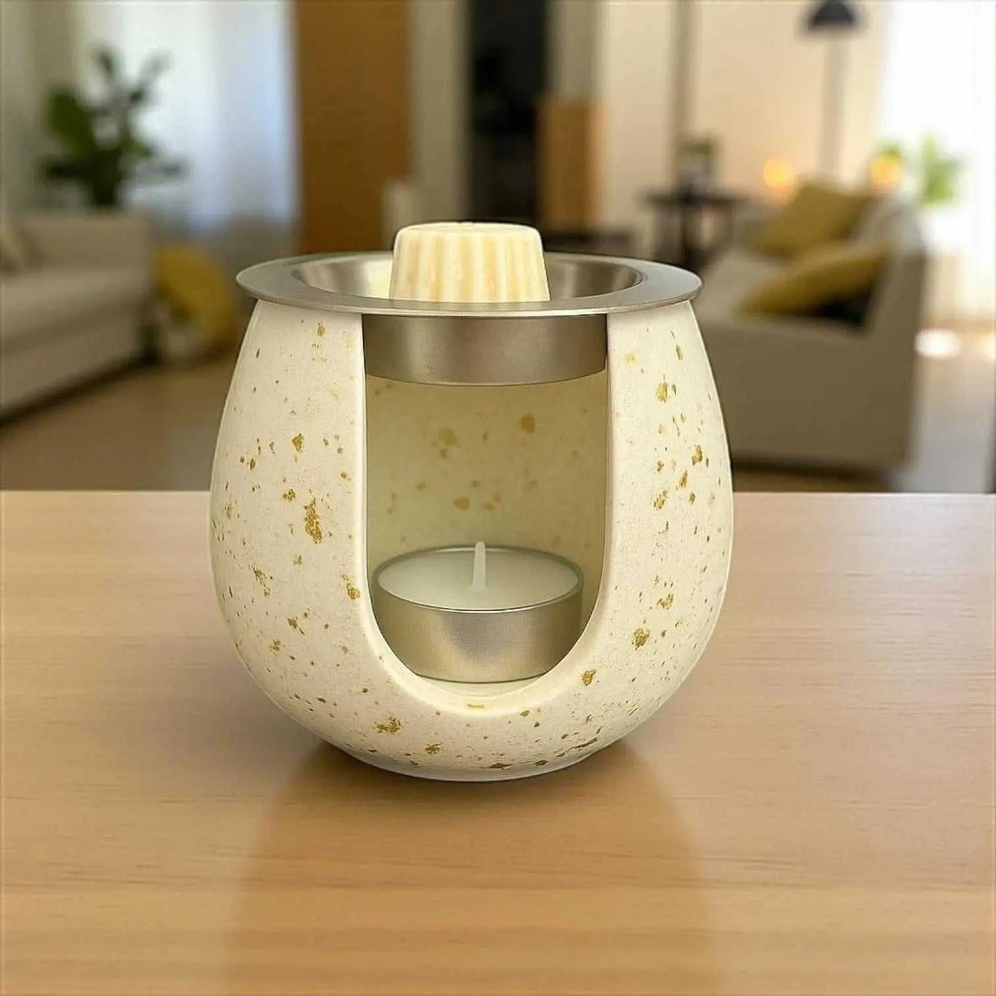 Brûleur à parfum blanc avec paillettes d’or élégant et artisanal en Jesmonite