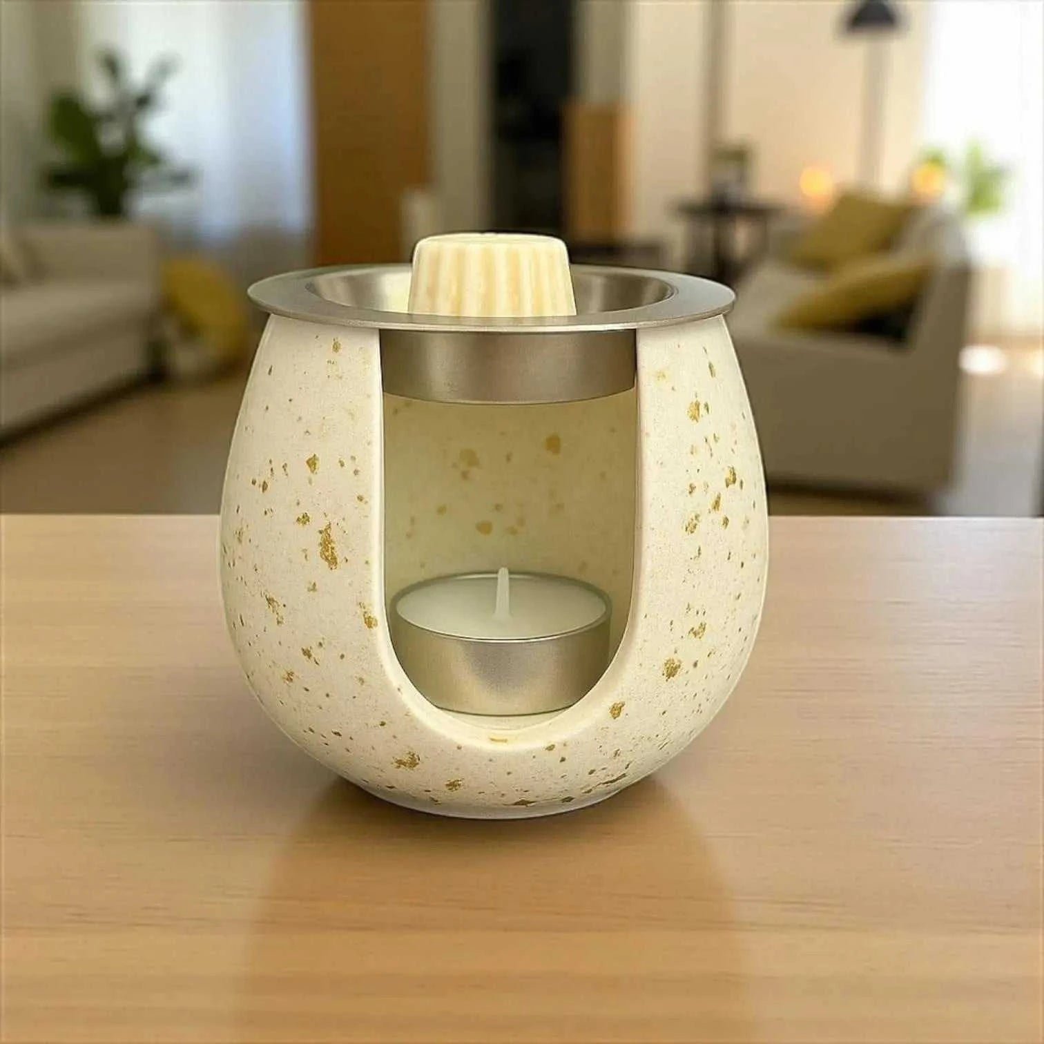 Brûleur à parfum blanc avec paillettes d’or élégant et artisanal en Jesmonite
