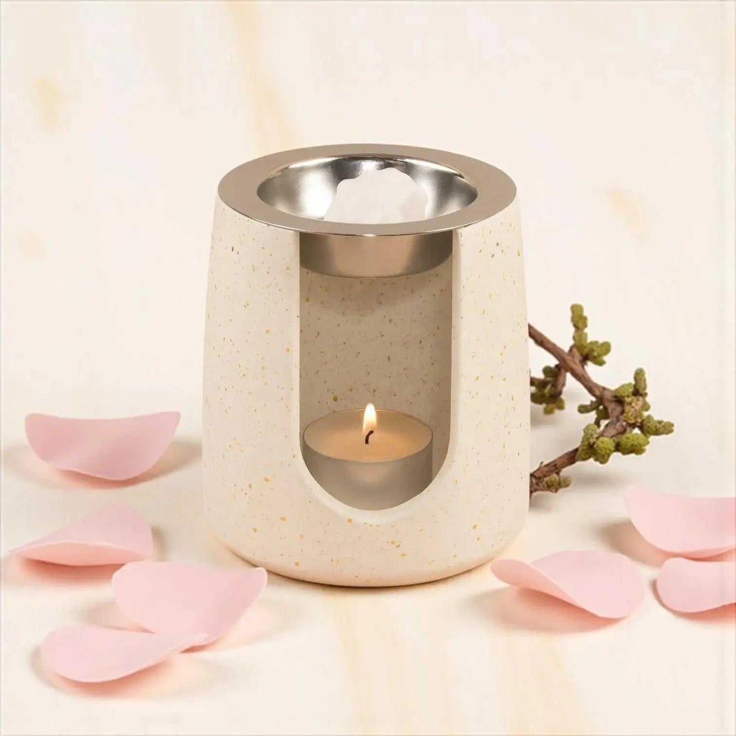 Brûleur à parfum rond blanc avec paillettes dorées chic et lumineux pour intérieur élégant