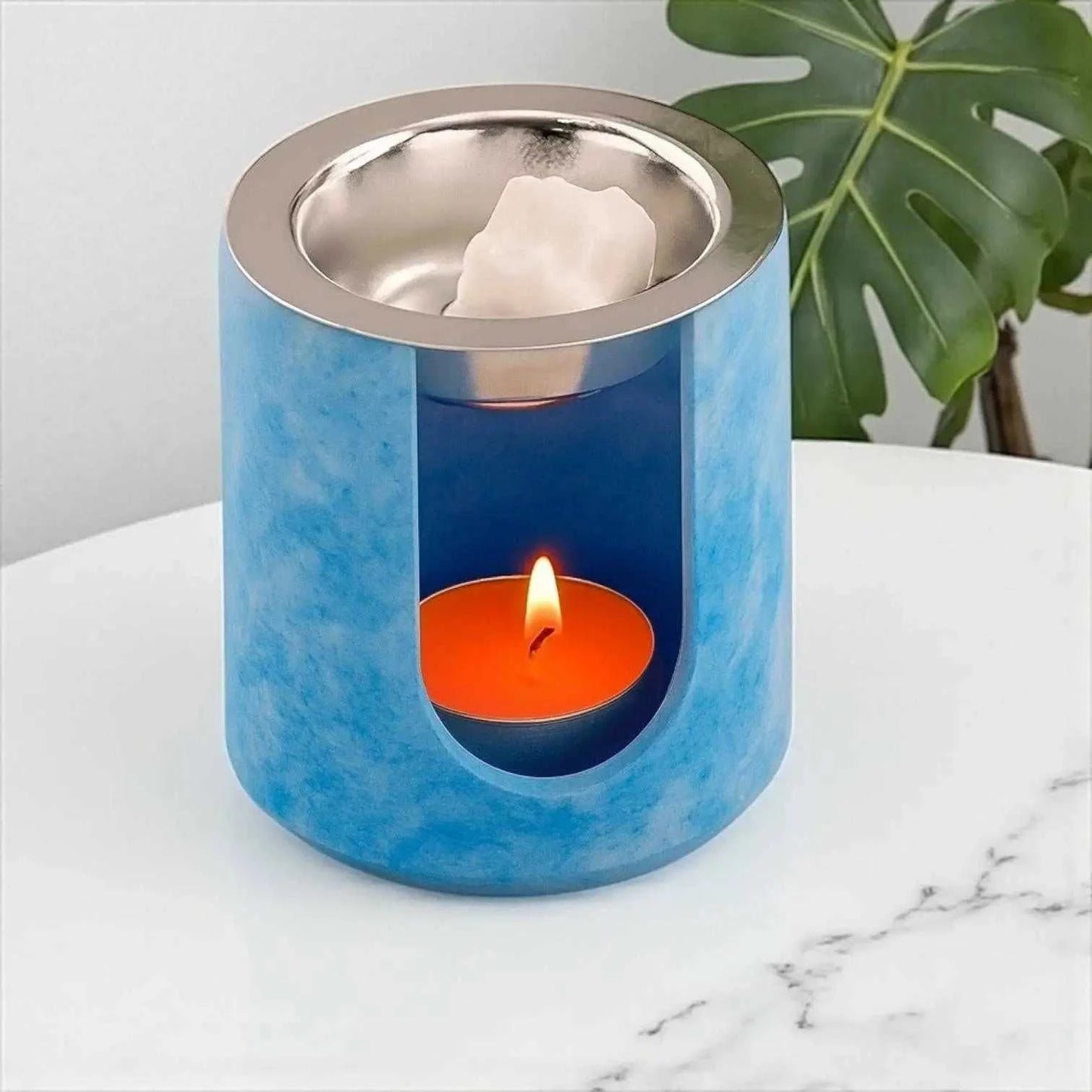 Brûleur à parfum rond bleu effet nuage artisanal avec fondant parfumé