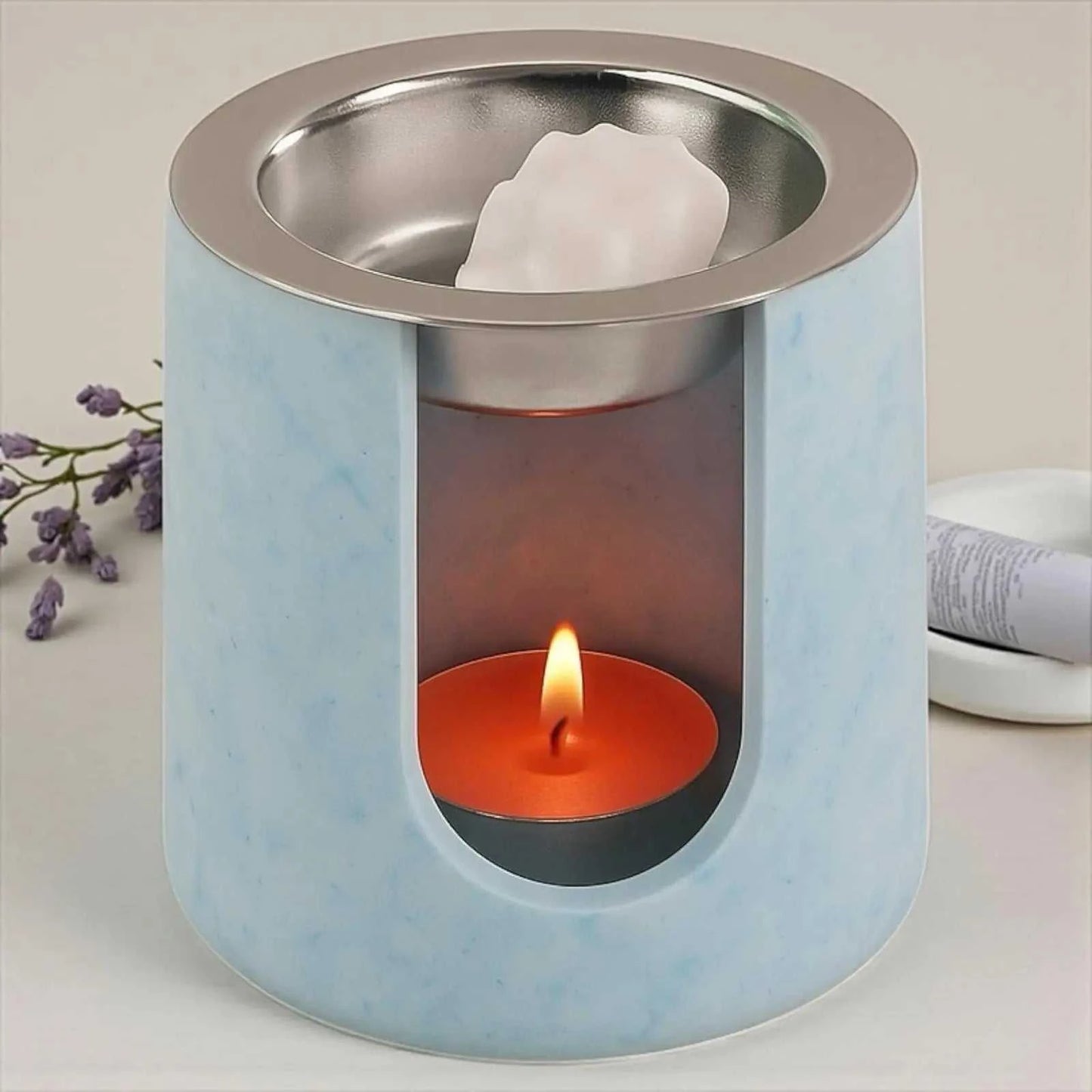 Brûleur à parfum rond bleu pastel marbré artisanal pour diffusion fondants et huiles essentielles
