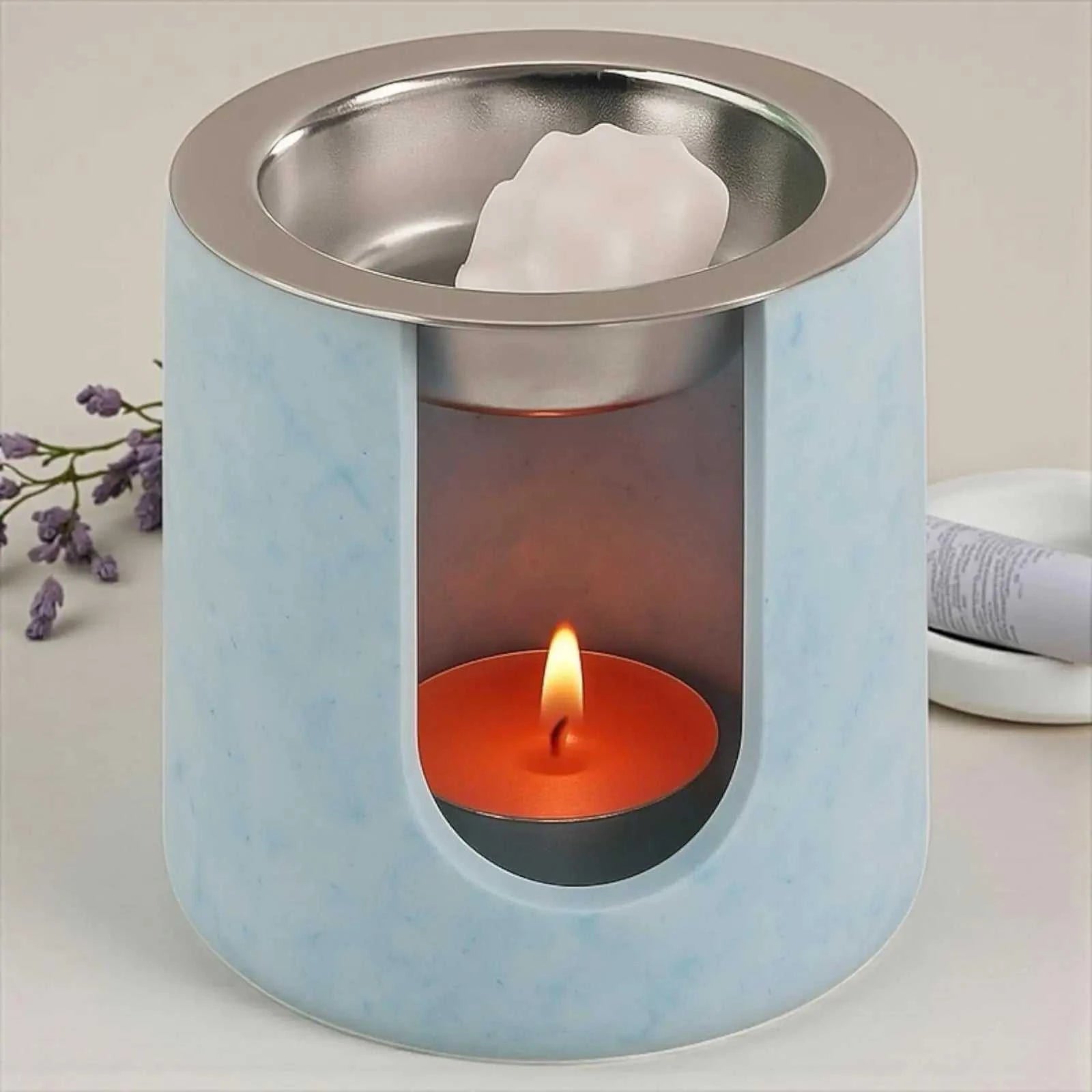 Brûleur à parfum rond bleu pastel marbré artisanal pour diffusion fondants et huiles essentielles