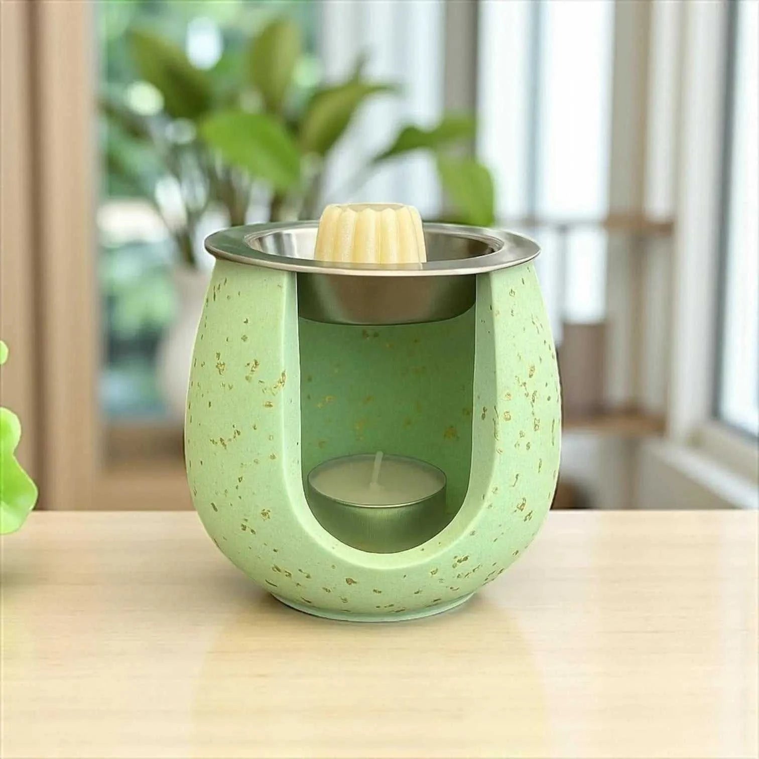 Brûleur à parfum vert pastel avec paillettes d’or, design artisanal et élégant pour fondants et huiles essentielles