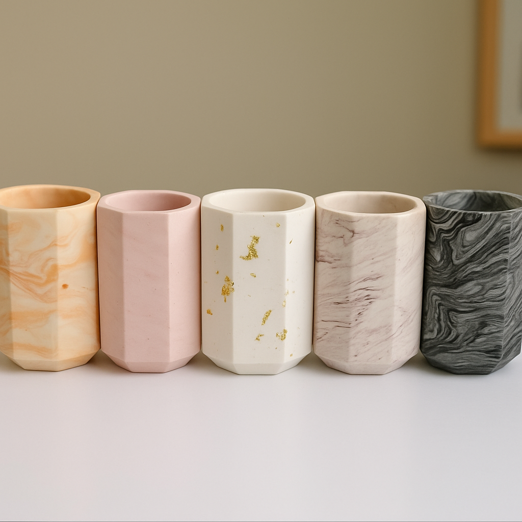 Pot haut hexagonal en Jesmonite personnalisable. Couleur au choix : marbré, feuille d’or, terrazzo ou pastel. Fait main en France 🌿