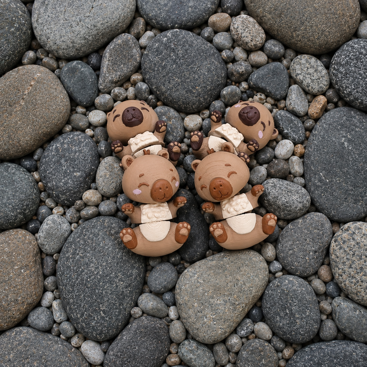 Quatre capybaras articulés kawaii présentés sur des galets gris