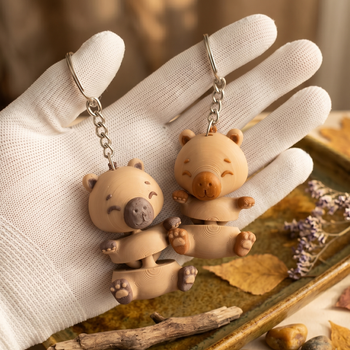 Deux capybaras articulés kawaii avec ventre marron uni ou ventre crème