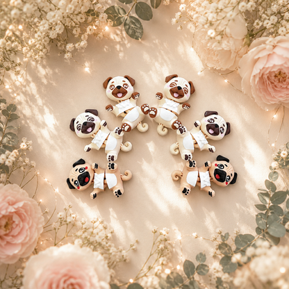 Six carlins articulés kawaii présentés dans une décoration fleurie
