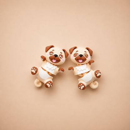 Deux carlins articulés kawaii avec masque caramel et expressions joyeuses