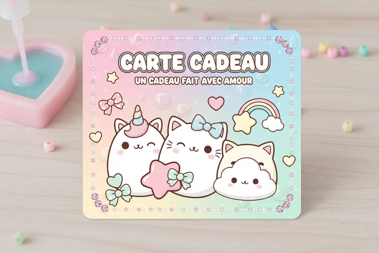 Offrez la Carte Cadeau Epoxy Kawaii : diffuseurs, vide-poches, coffrets et objets décoratifs personnalisés en Jesmonite. E-carte immédiate, valable 12 mois.
