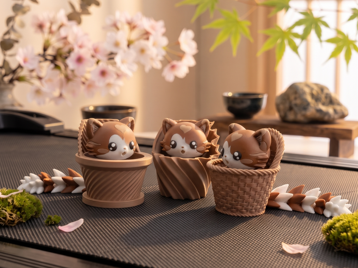 Porte-clés clicker chats kawaii dans trois paniers sur décor japonais