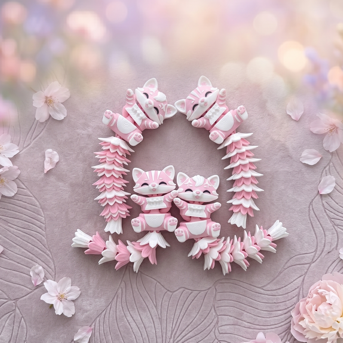 Quatre chats articulés kawaii aux queues Fluffy entourés de fleurs roses