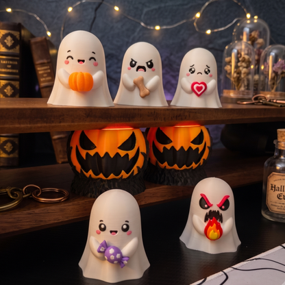 Les cinq modèles de fantômes kawaii Halloween avec accessoires