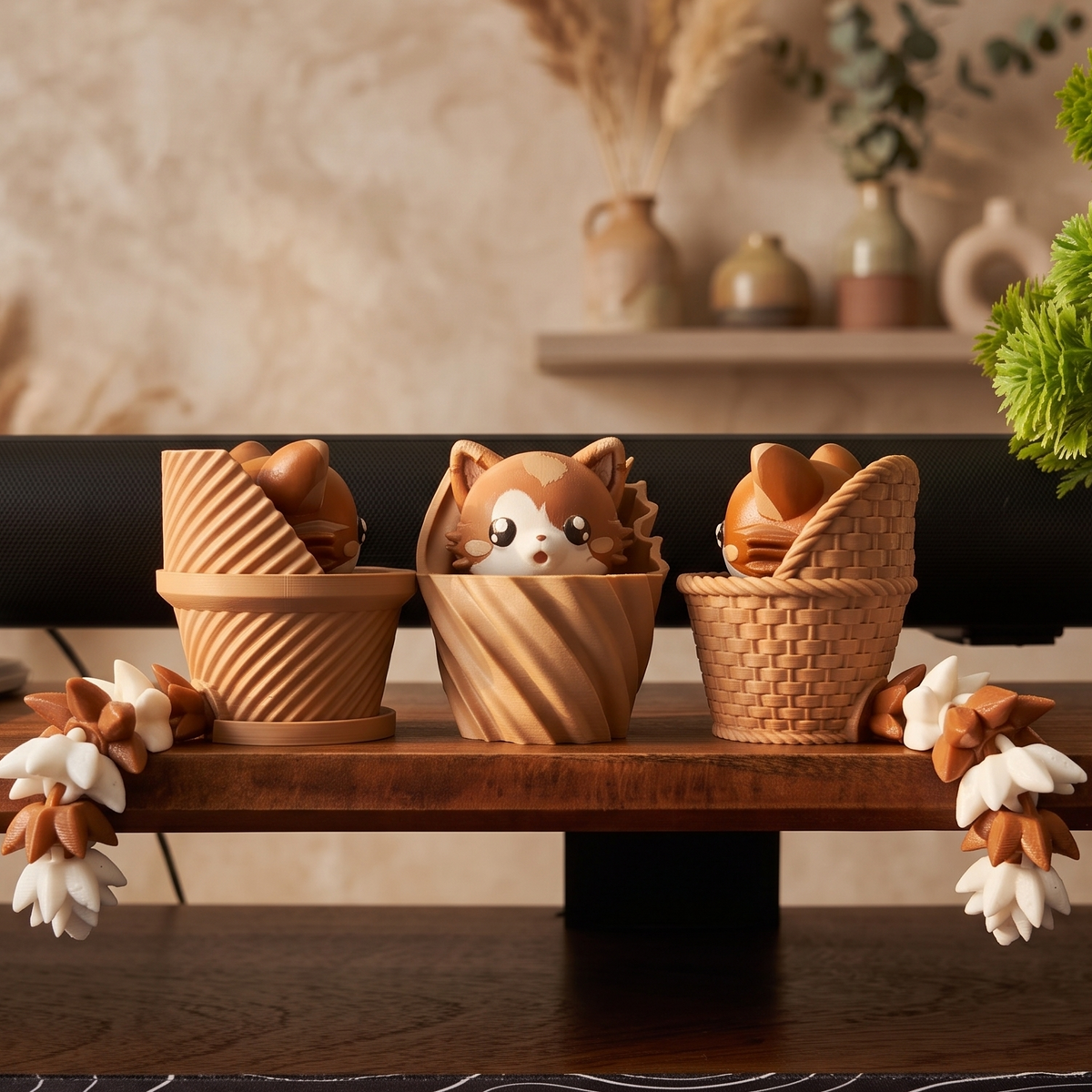 Collection de trois porte-clés clicker chats kawaii dans leurs paniers