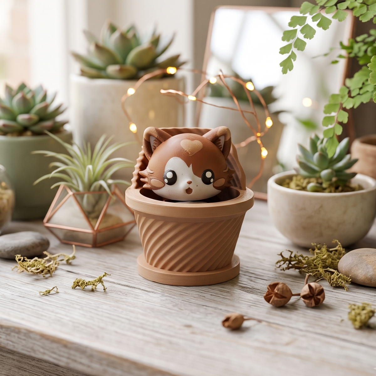 Chat kawaii clicker dans un panier rond strié en impression 3D