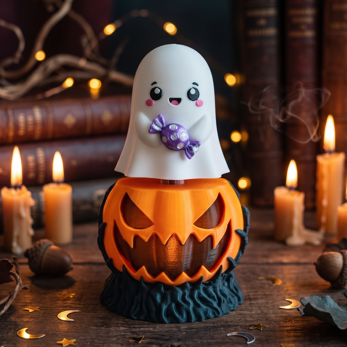 Clicker Halloween citrouille avec fantôme kawaii tenant un bonbon violet