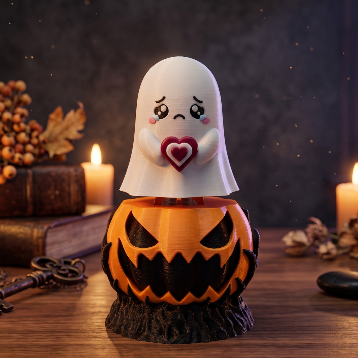 Fantôme Halloween attendrissant tenant un cœur sur une citrouille clicker
