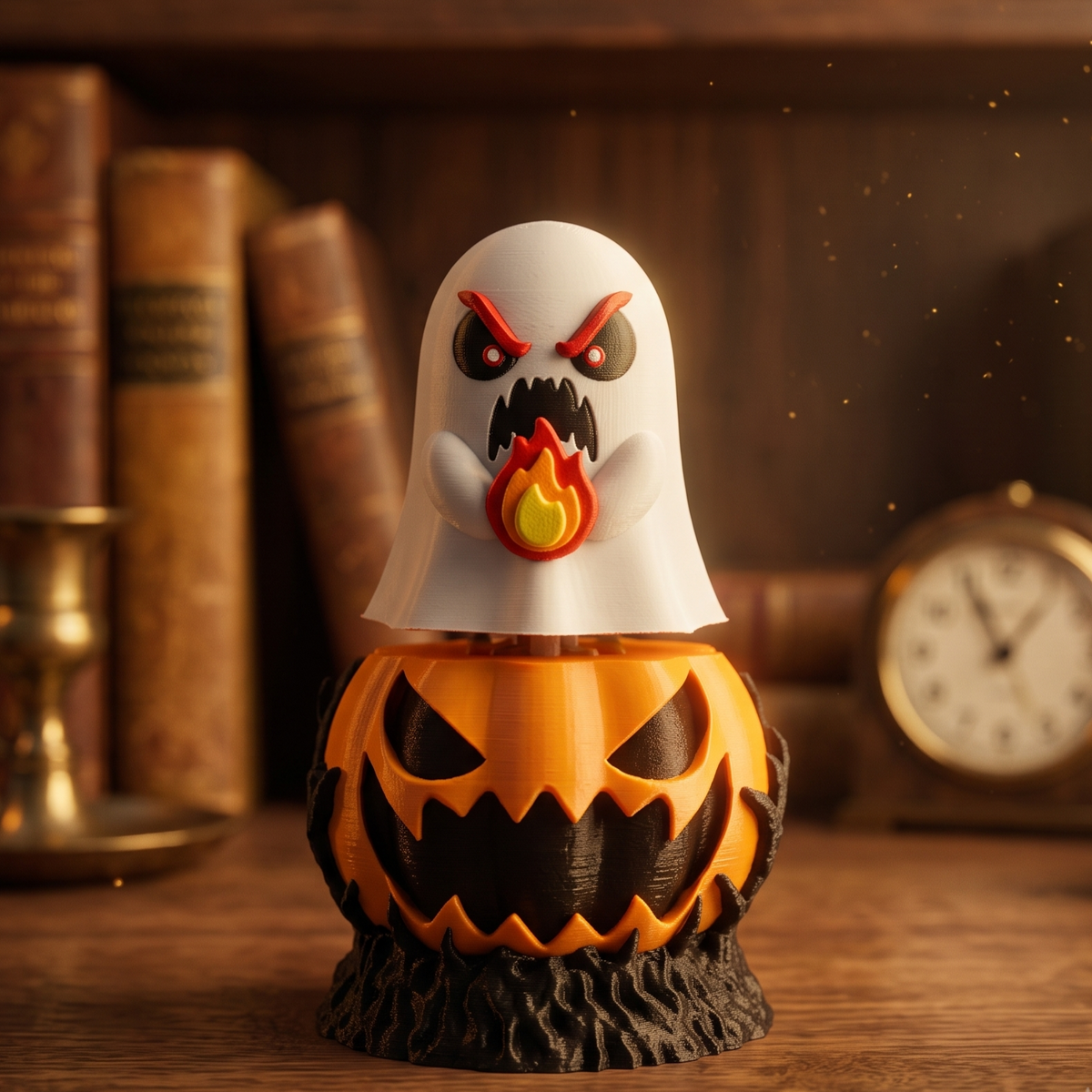 Fantôme effrayant tenant une flamme sur un clicker citrouille Halloween