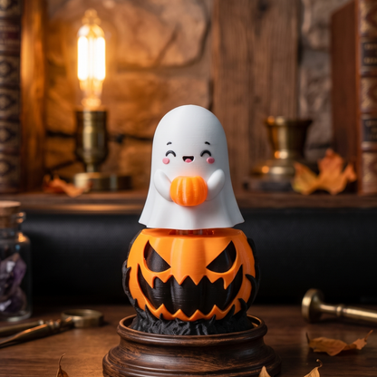 Fantôme souriant tenant une mini-citrouille sur un clicker Halloween