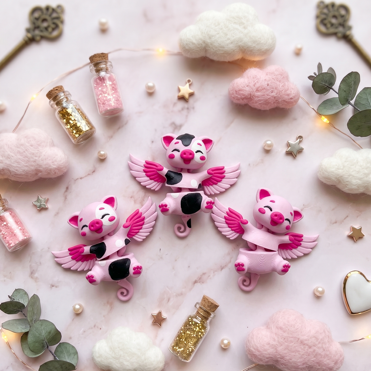Trois cochons ailés articulés kawaii rose et noir dans un décor doux et féerique