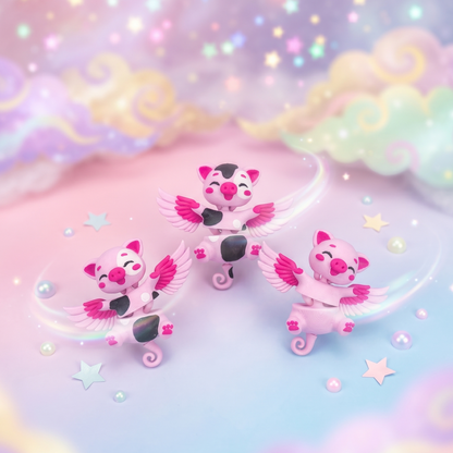 Trois cochons ailés flexi articulés kawaii dans un décor pastel magique