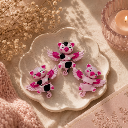 Trois cochons ailés flexi articulés présentés sur un plateau dans un univers kawaii rose