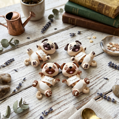 Quatre carlins articulés kawaii aux masques brun et caramel