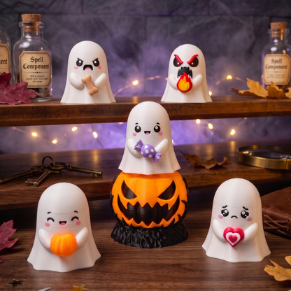 Collection de cinq fantômes Halloween autour d'une citrouille clicker