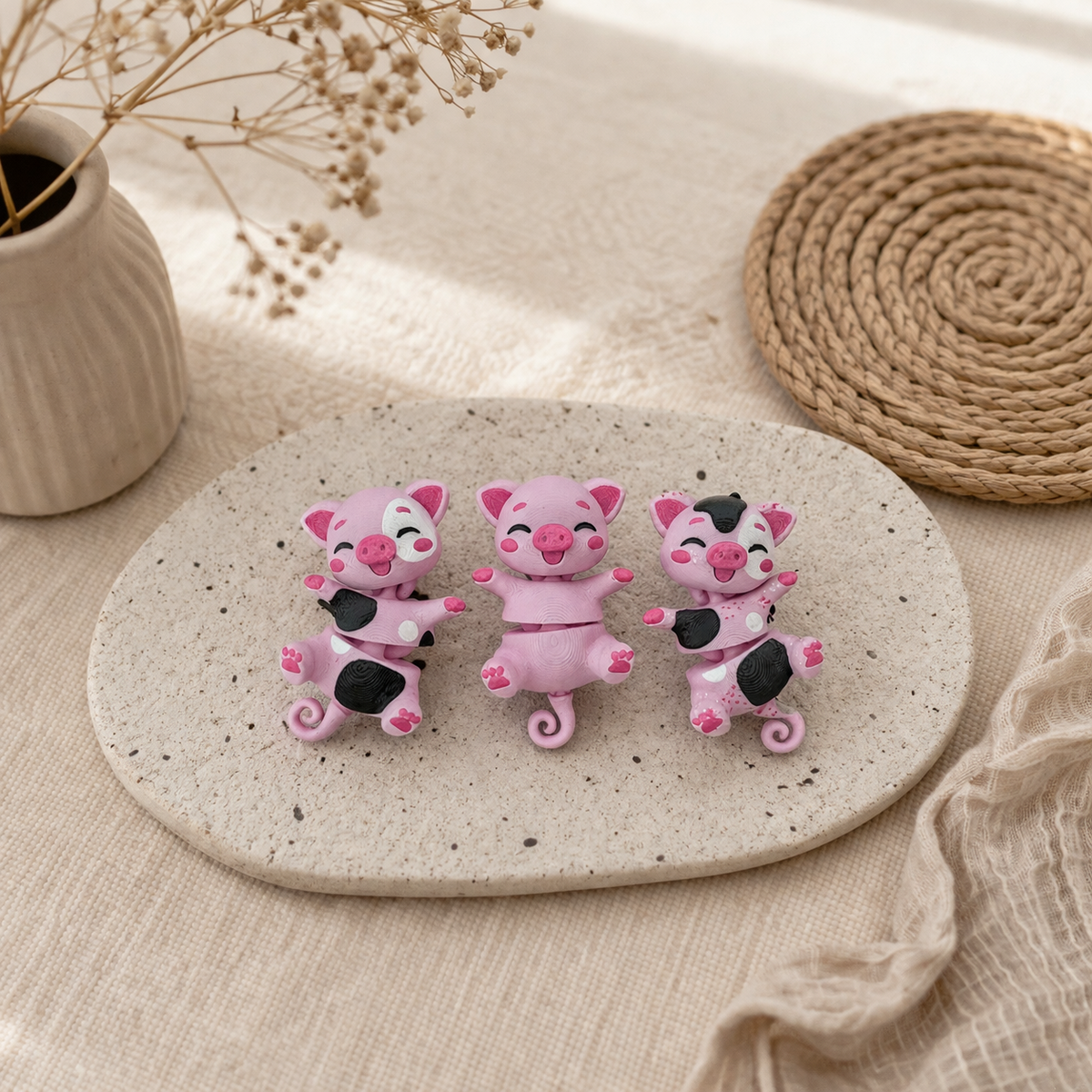Collection de trois petits cochons kawaii articulés en impression 3D