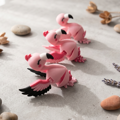 Trois porte-clés flamants roses articulés présentés sur un décor minéral