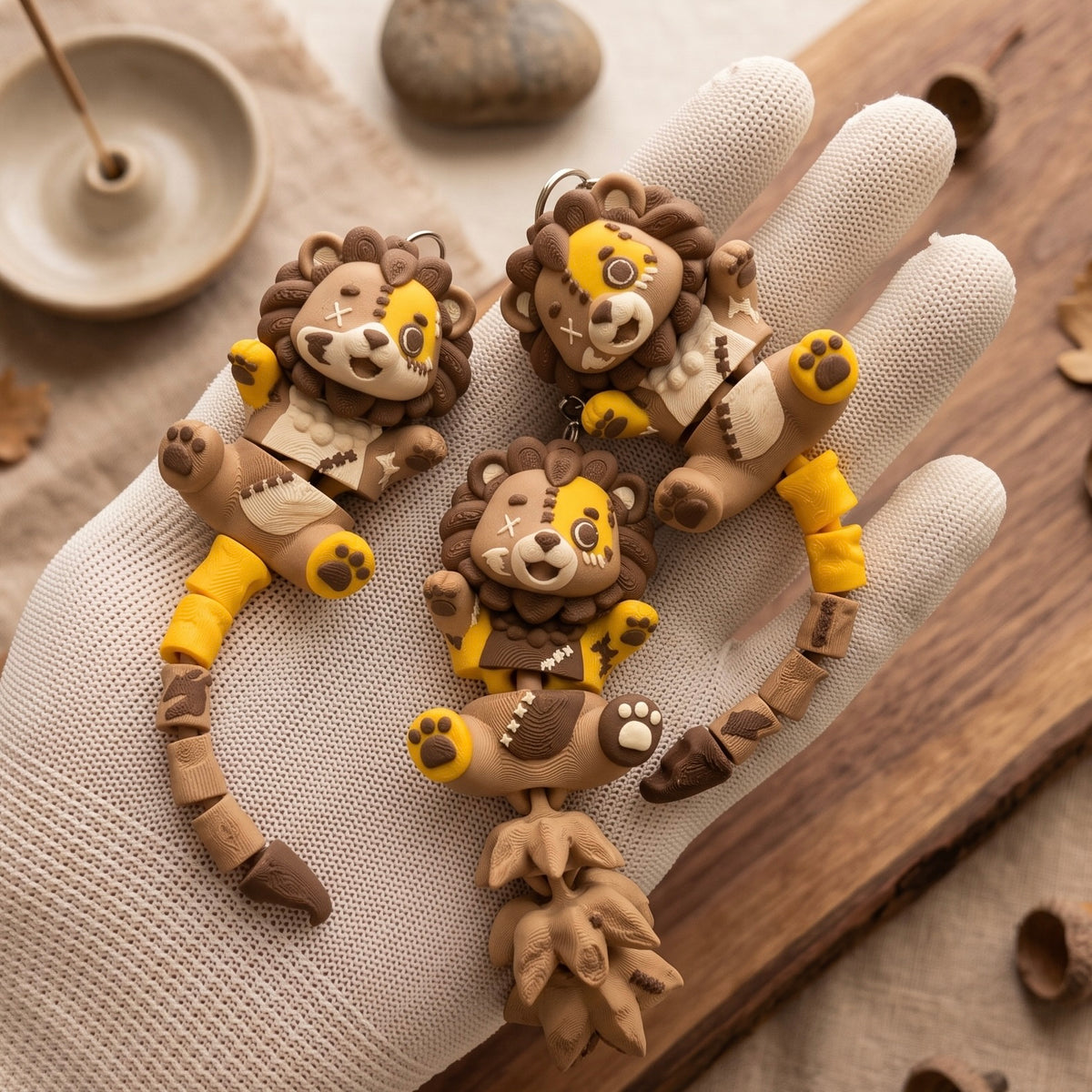 Quatre lions Halloween articulés en impression 3D tenus dans une main
