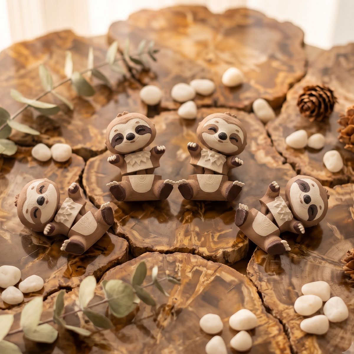 Quatre paresseux articulés kawaii bruns et crème dans un décor naturel