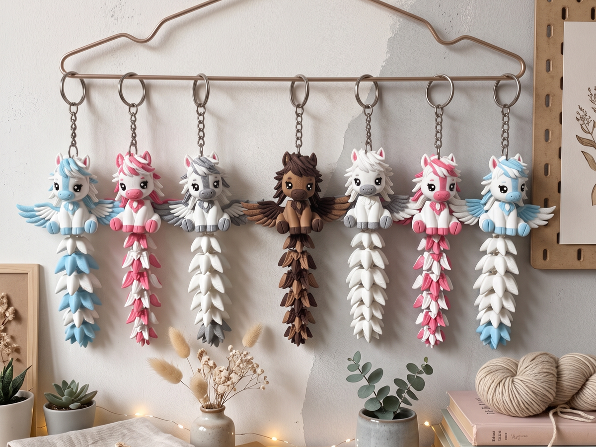 Collection de porte-clés Pégase Fluffy Tails articulés suspendus en plusieurs coloris