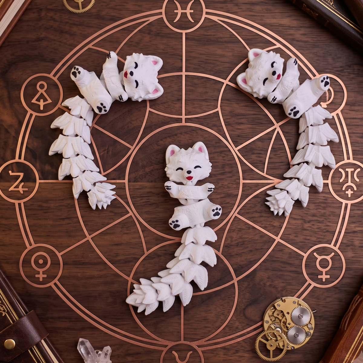 Trois Samoyèdes articulés avec queues Fluffy dans un décor fantastique