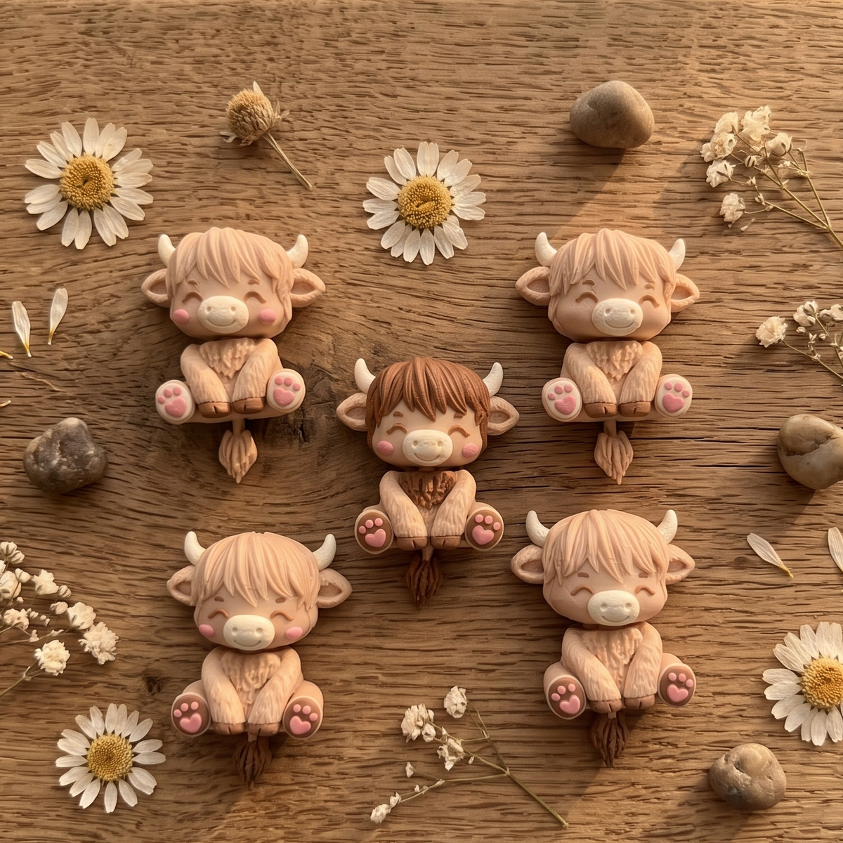 Collection de bébés vaches Highland articulées crème caramel et chocolat