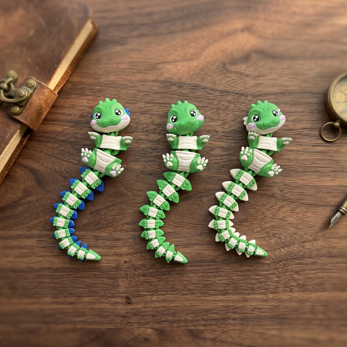Trois bébés crocodiles articulés en impression 3D présentés sur une table en bois