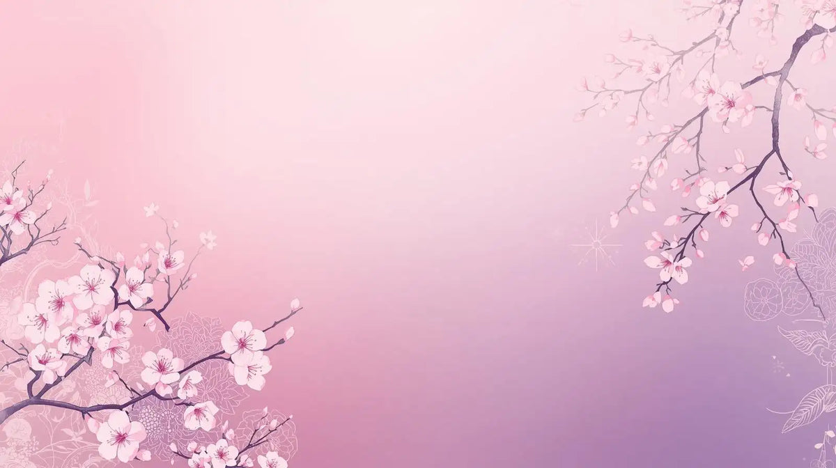 Délicates branches de cerisier en fleurs rose pâle avec des motifs floraux complexes sur un fond dégradé doux.