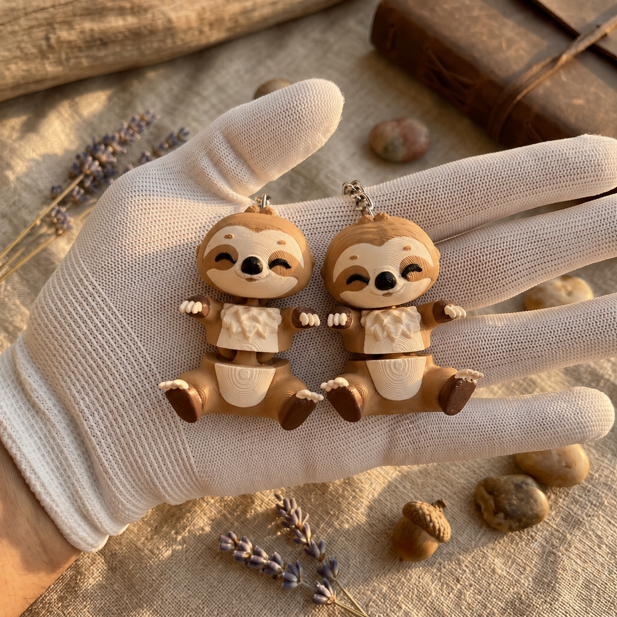 Deux porte-clés paresseux kawaii avec chaînettes métalliques présentés dans une main