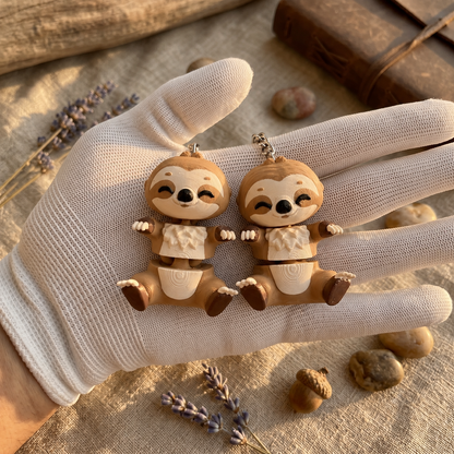 Deux porte-clés paresseux kawaii avec chaînettes métalliques présentés dans une main