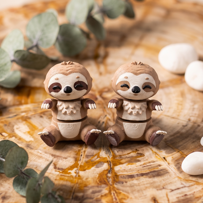 Deux paresseux kawaii articulés montrant les finitions lisse et Fluffy