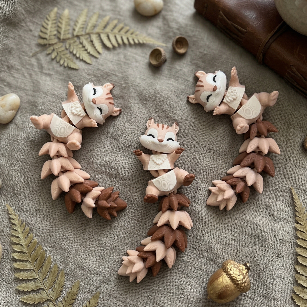 Écureuils articulés kawaii beige et marron entourés de feuilles et de glands
