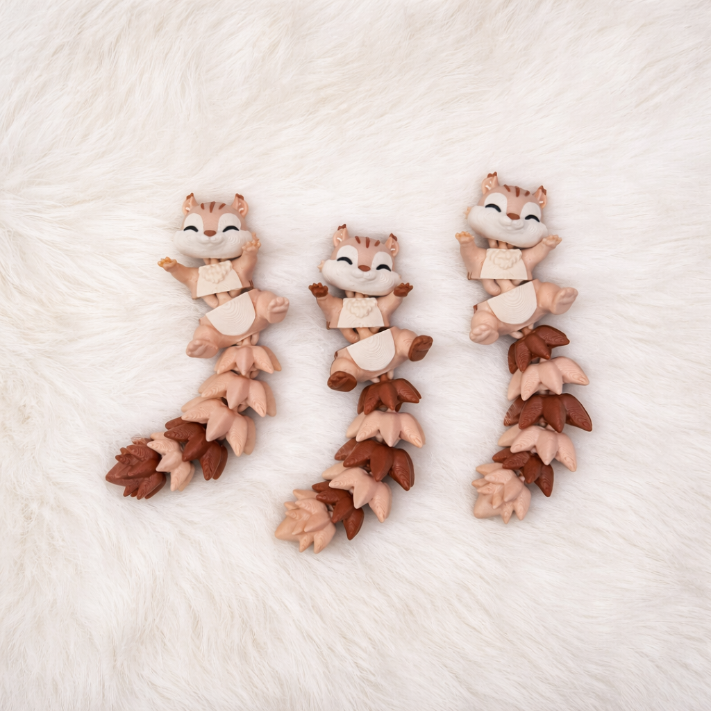 Trois vues du porte-clés écureuil articulé kawaii sur fond blanc doux