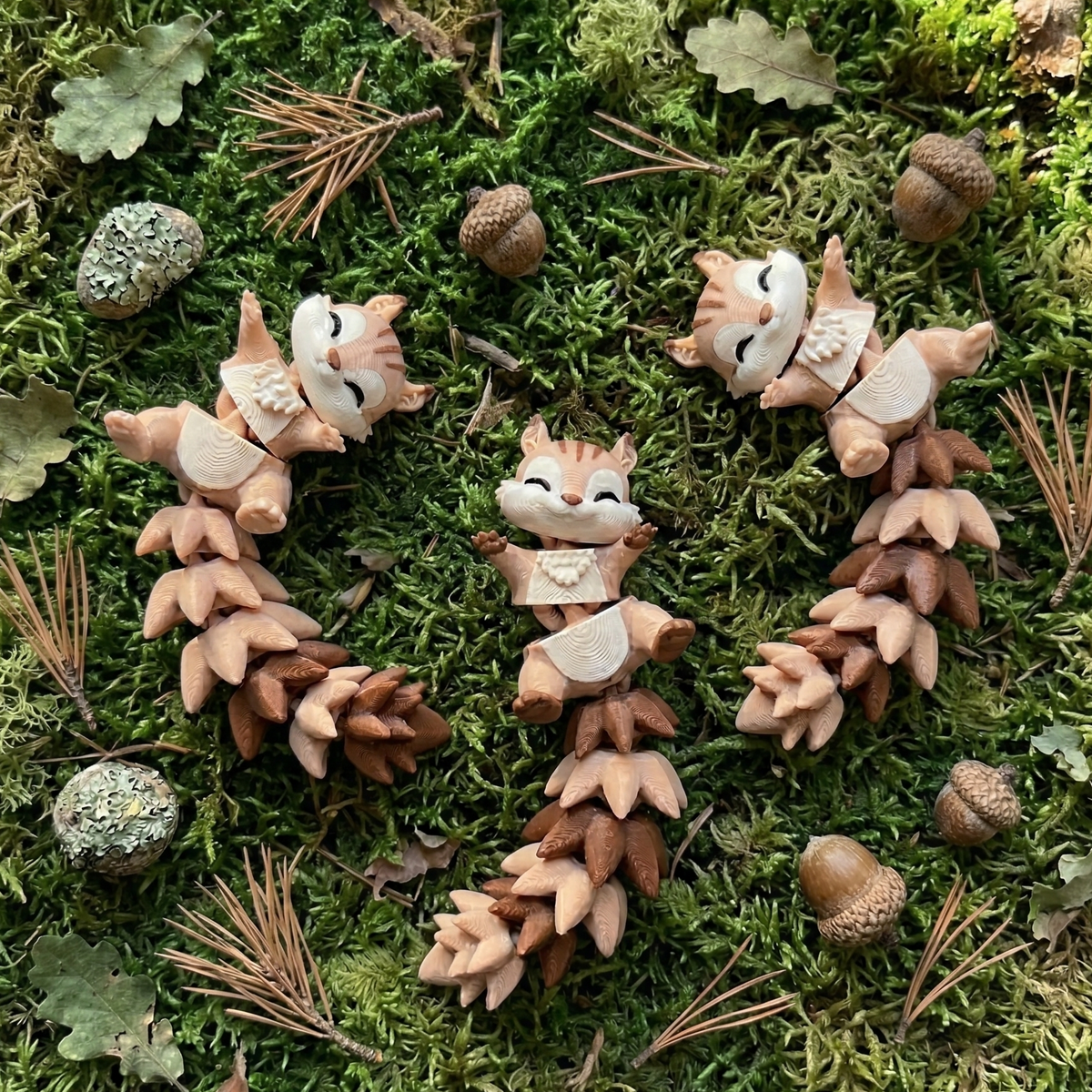 Écureuils articulés kawaii beige et marron présentés dans la mousse en forêt