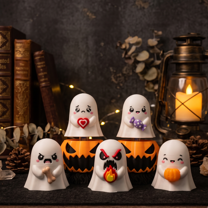 Cinq fantômes Halloween avec citrouille, cœur, bonbon, os et flamme