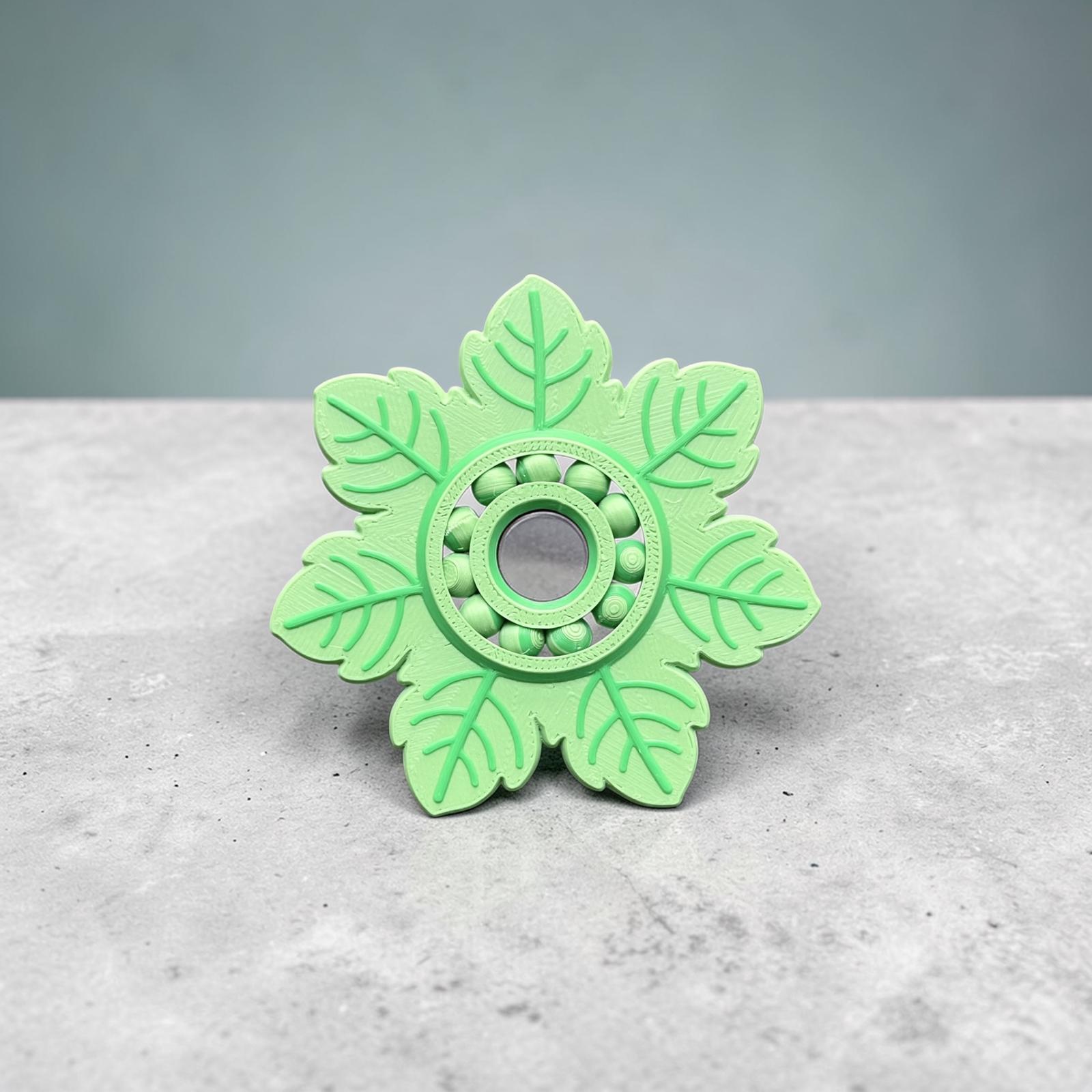 Fidget spinner en forme de feuille verte en impression 3D, objet anti-stress naturel et relaxant