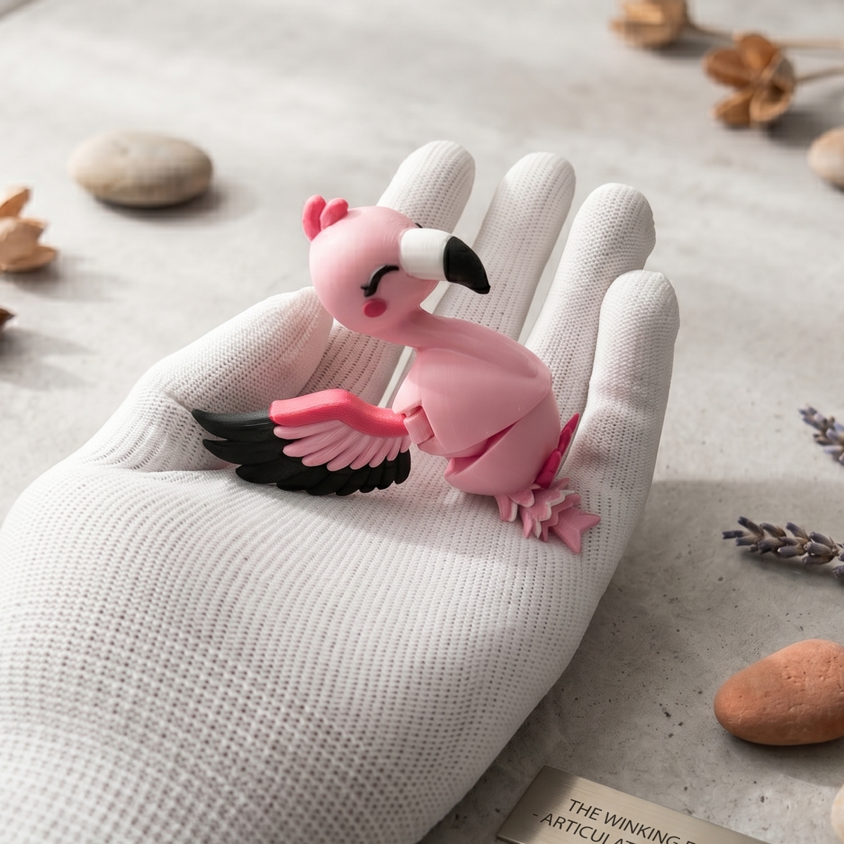 Flamant rose articulé kawaii avec ailes noires et roses et bec bicolore