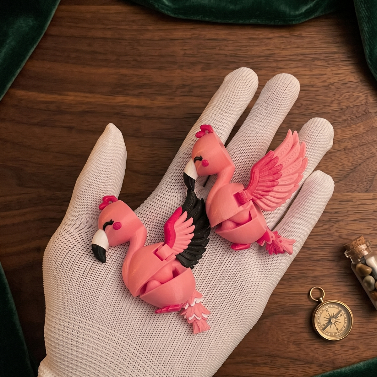 Deux flamants roses articulés kawaii avec ailes noires et ailes rose clair