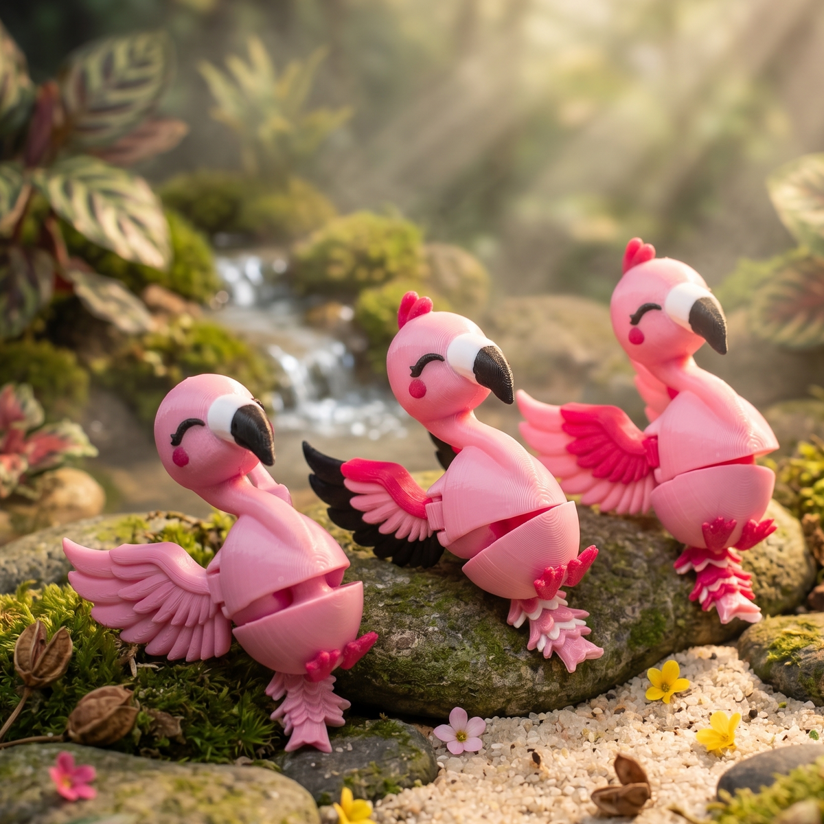 Trois flamants roses articulés kawaii dans un décor naturel tropical