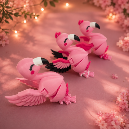 Trois porte-clés flamants roses kawaii articulés dans une décoration rose fleurie